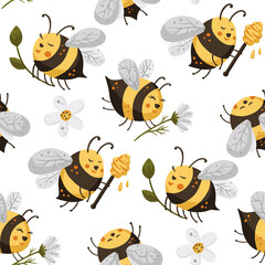 Honey cute bee insect summer seamless pattern background. Cartoon baby fly nature design with daisy flower. Vector illustration sweet textile design.