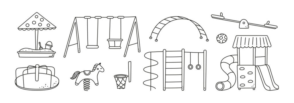 Hand drawn children playground objects. Swing, slide, teeter and sandbox in doodle style. Kid drawing of play ground elements. Vector illustration on white background. Editable stroke.