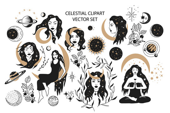 Bohemian woman and planet boho decorative vector logo set. Feminine alchemy icon symbol, tattoo graphic shape design, ethnic sketch.