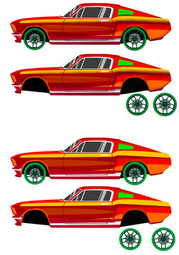 3D and 2D cars are two types of flat art car designs, abstract colors are used on the car body and separated tires for animation purposes