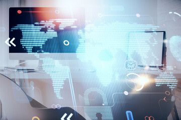 Multi exposure of world map drawing and office interior background. Concept of international network.