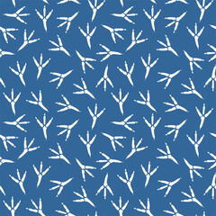 Seamless pattern with footprint of a bird. Vector seamless background with a pattern of traces of bird steps. Raven footprints seamless pattern. Footprints in the blue snow. Fabric textile print - obrazy, fototapety, plakaty