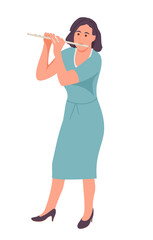 Fototapeta premium Woman playing the flute. Girl playing wind musical instrument. Woman with flute practicing or studying. Flutist lady giving performance or having rest.