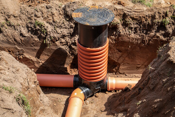 Sewage system. Plastic tubes and aka. Excavated trench or pit