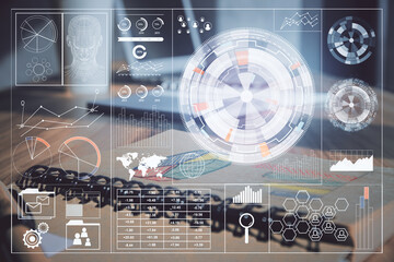 Multi exposure of data theme drawings and desk with open notebook background. Concept of education