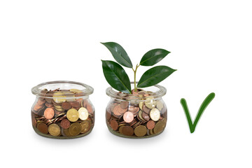 Growing money and check mark. Finance and investment concept.