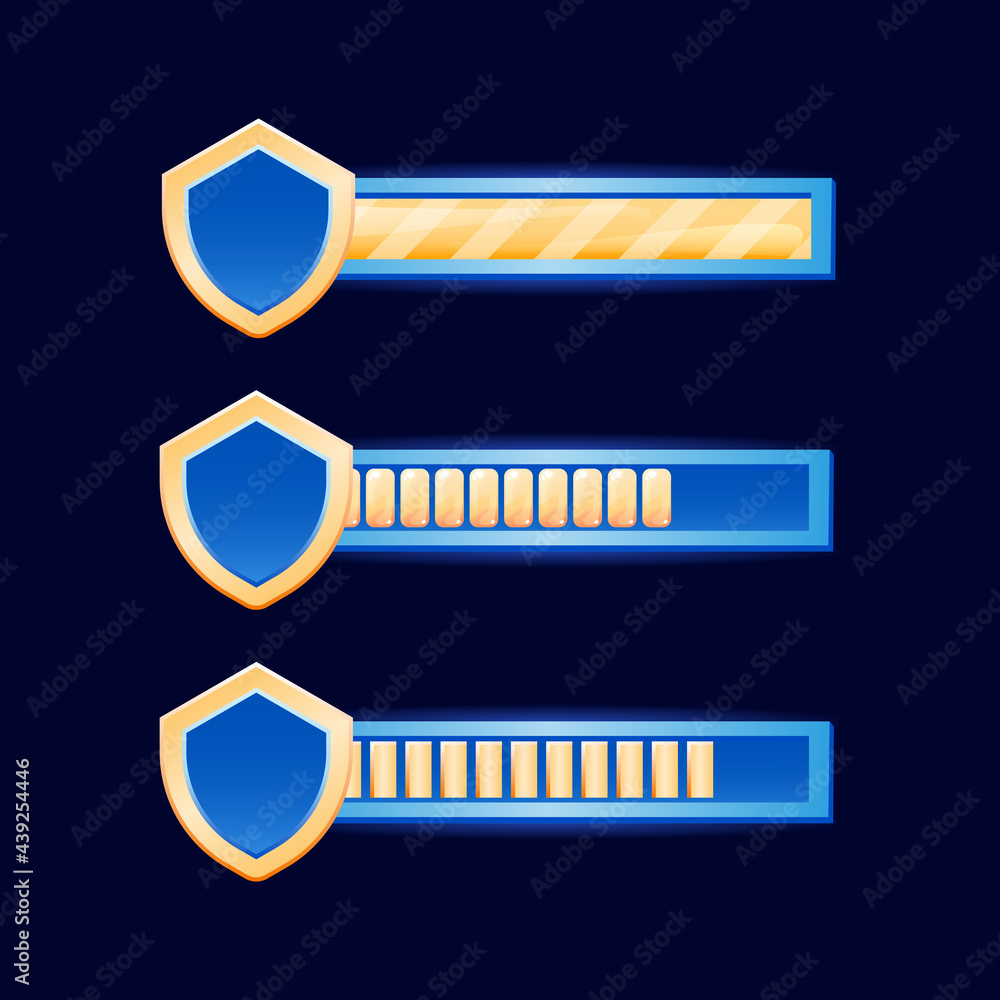 Aufkleber fantasy game ui bar with golden shield border for gui asset elements vector illustration