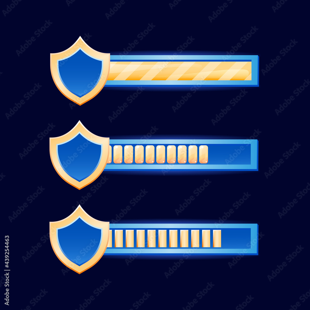 Poster fantasy game ui health, energy bar with golden shield border for gui asset elements vector illustrat