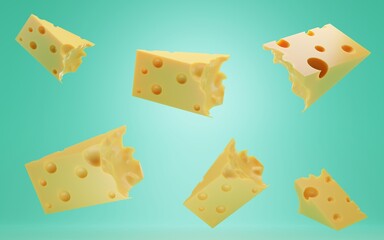 Pieces of Swiss, Italian or Dutch hard cheese. Triangular lump block of cheese Cheddar with holes. Ad and promotion of natural farm dairy product, pattern background, cartoon icons 3d illustration