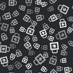 Grey Coffee cup icon isolated seamless pattern on black background. Take away print. Vector