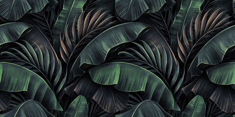 Neon bright banana leaves, palms on dark background. Seamless pattern. Vintage tropical 3d illustration. Luxury modern wallpapers, fabric printing, cloth, tapestries, posters, invintations, cards - 439255082