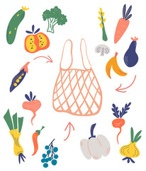 Mesh or net bag with vegetables and fruits. Constructor. Assemble it yourself. Fresh fruits, vegetables buying. Farmers market. Shopping for organic products. Eco concept. Flat vector illustration.