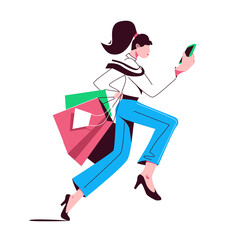 happy young shopping woman in trousers and high heels running with bags and looks into the phone, concept of sale, bestseller, informing by mobile app. Vector illustrstion isolated on white background