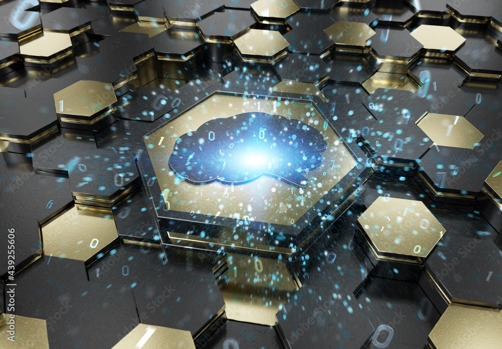 Aufkleber Brain icon concept engraved on gold hexagonal pedestral background. Artificial intelligence symbol glowing on abstract digital surface. 3d rendering