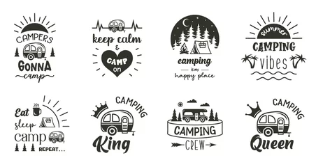 Foto op Plexiglas Camping sign with quotes. Set of adventure symbols. Travel emblem designs. Wanderlust badge. © Ansty art