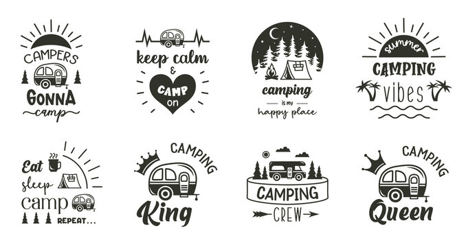 Camping sign with quotes. Set of adventure symbols. Travel emblem designs. Wanderlust badge.