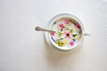Herbal tea with milk in a white tea cup on a white canvas in natural light. Top view, place for text.