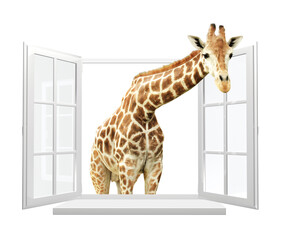Cute curious  giraffe stare at the opened window - obrazy, fototapety, plakaty