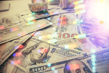 Double exposure of data theme drawing over us dollars bill background. Technology concept.