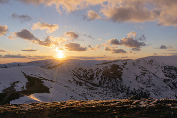 Spring view, fantastic evening sunset light. Carpathian mountains, Ukraine