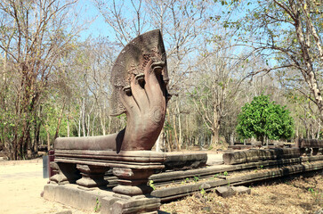 Statues of multi-headed serpents or nagas in Koh Ker complex, Cambodia