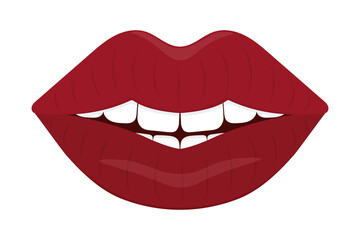 Smile on the lips. Seductive mouth. Colored vector illustration. Flat style. An even row of white teeth. Luscious lipstick shade. Isolated white background. Valentines Day. Idea for web design.