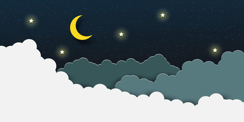 night sky with stars and moon. paper art style. Dreamy background with moon stars and clouds, abstract fantasy background. Half moon, stars and clouds on the dark night sky background. 