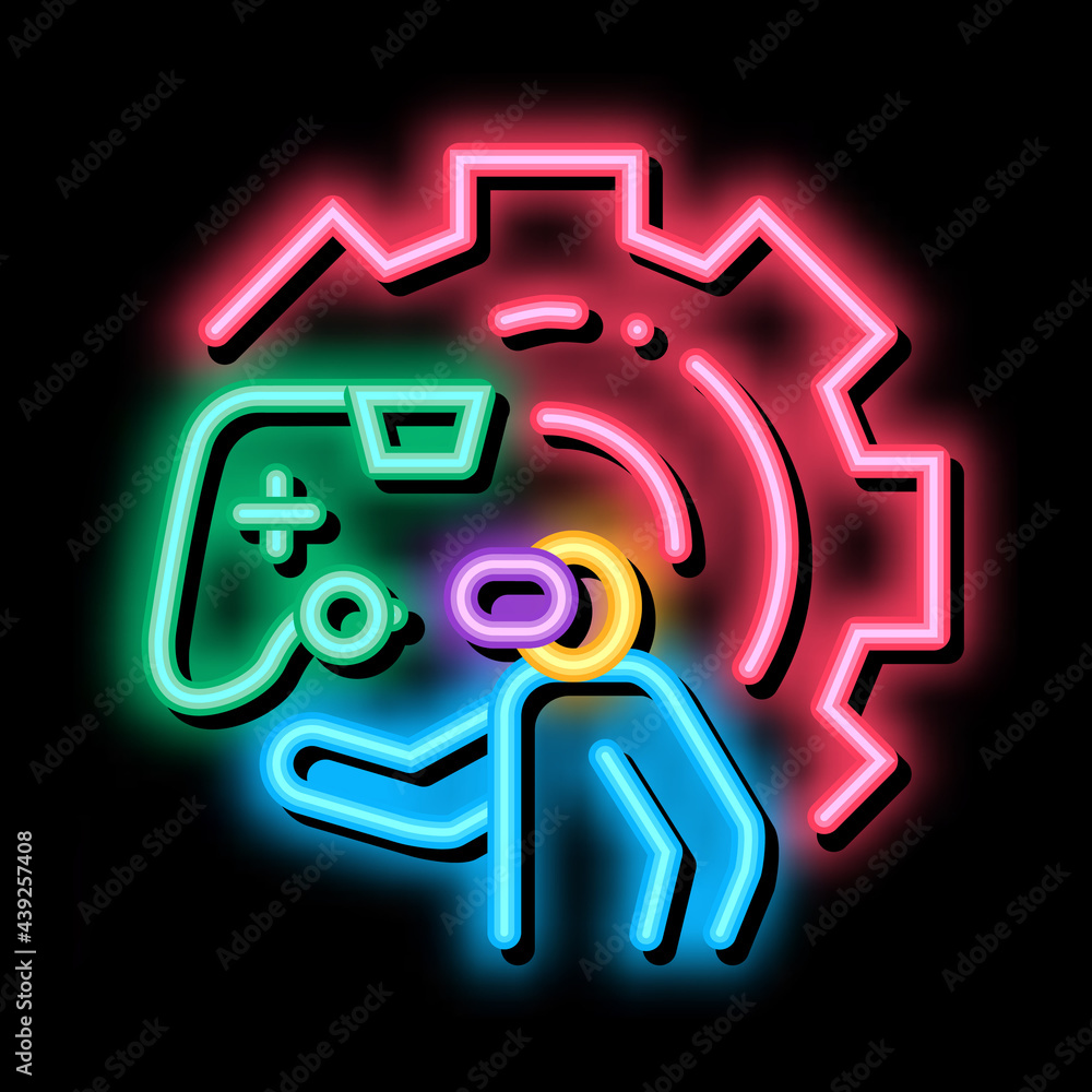 Poster game development and testing neon light sign vector. glowing bright icon game development and testin