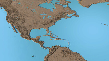 The Dimensional Map of The Southern USA and the Nearby Island Countries 3D Rendering