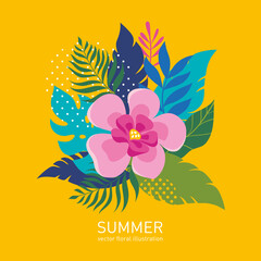 Greeting card with jungle exotic leaves and flowers. Cartoon vector illustration, banner, art print . Hello summer bright background, birthday card design. 	
