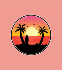 sunset view of a beach, surf and twin coconut trees in silhouette style