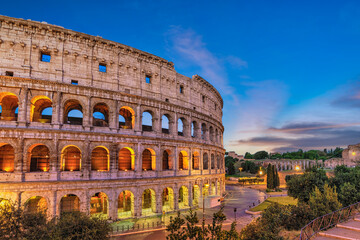 Naklejka na ściany i meble Rome Italy night city skyline at Rome Colosseum empty nobody