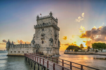 Lisbon Portugal sunset city skyline at Belem Tower and Tagus River
