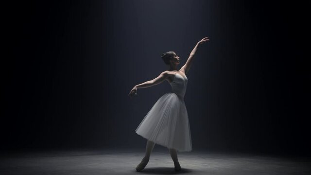 Flexible ballerina standing under spotlight. Ballet dancer moving hands on stage