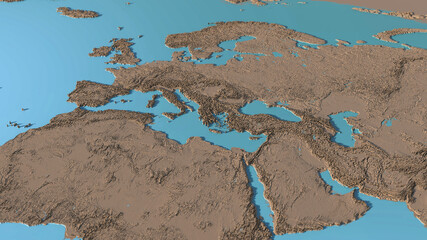 Three Dimensional Map of the Lands of Europe and the Middle East 3D Rendering