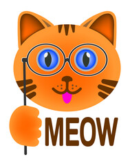 Cute bright ginger kitten with blue eyes in pince-nez and the word meow - obrazy, fototapety, plakaty