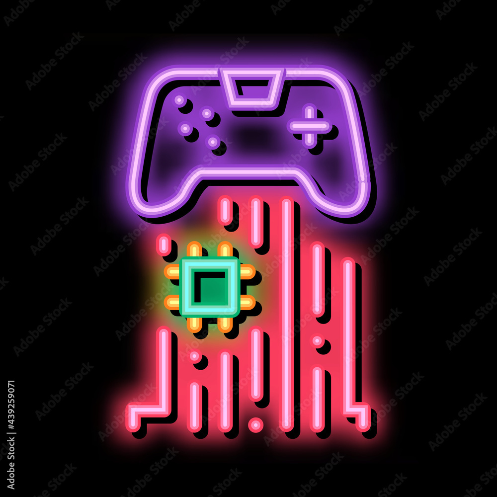 Poster game controller chip neon light sign vector. glowing bright icon game controller chip sign. transpar