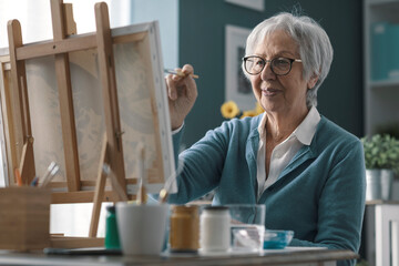 Senior woman painting on canvas - Powered by Adobe