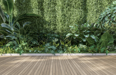 Empty wooden terrace with green wall 3d render,There are wood plank floor with tropical style tree garden background sunlight shine on the tree - obrazy, fototapety, plakaty