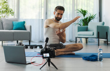 Professional vlogger recording a workout video