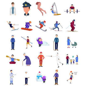 people character vector clip art set with doctor. cyclotourism. fireman, people, gymnastics. police