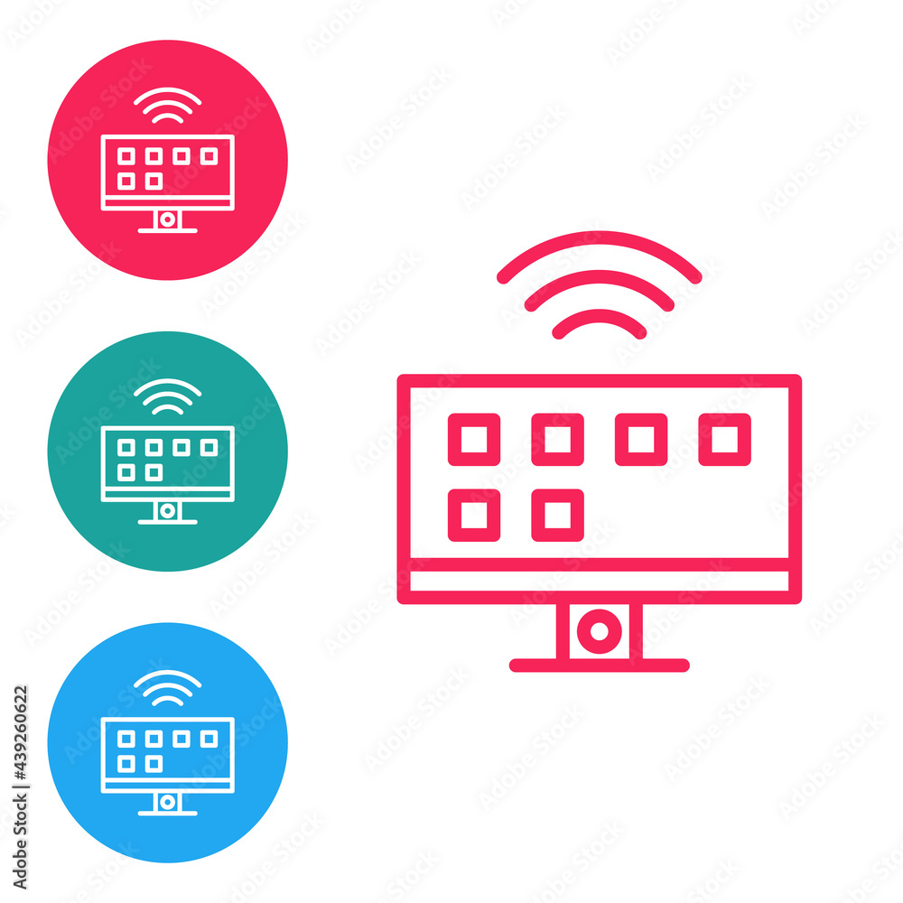 Poster red line smart tv system icon isolated on white background. television sign. internet of things conc