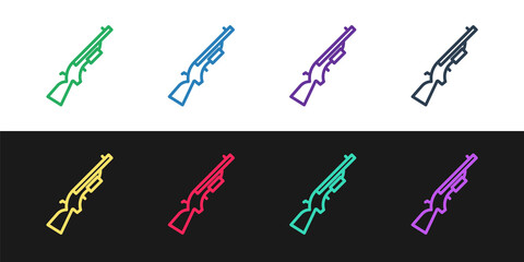 Set line Shotgun icon isolated on black and white background. Hunting gun. Vector