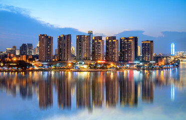 Fototapeta na wymiar Modern buildings and reflections, Liuzhou, China.