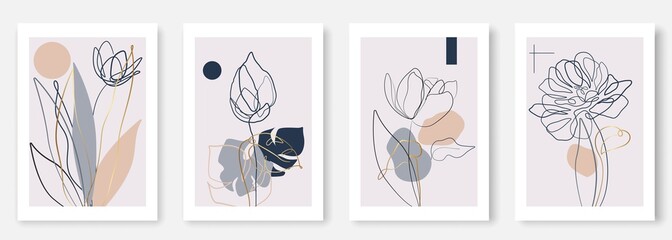Modern Trendy Cards Set with Line Art Elements, Plants, Flowers, Leaves. Abstract Banners Collection. Trendy Minimalist Poster Line Art Design. Minimal Abstract Background. Vector EPS 10.