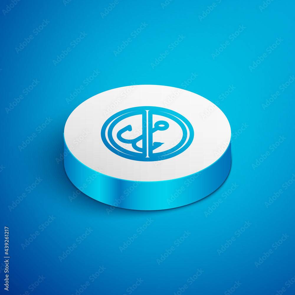 Sticker isometric line no fishing icon isolated on blue background. prohibition sign. white circle button. v