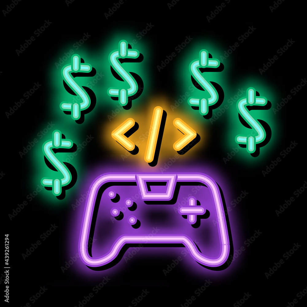 Poster game coding and sell neon light sign vector. glowing bright icon game coding and sell sign. transpar
