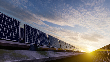 Sun Rising Over the Solar Panels Through the Scattered Clouds 3D Rendering