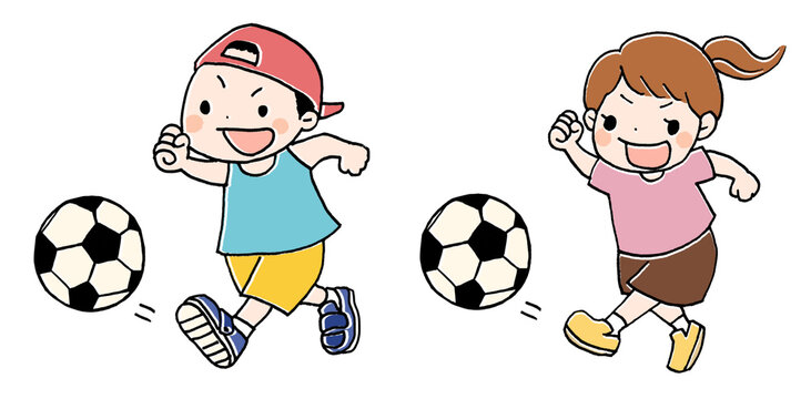 サッカーをする元気な男の子と女の子のイラスト