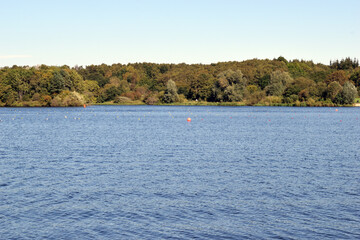 Fototapeta na wymiar View of Wooded Shore & Small Buoy in Public Lake 
